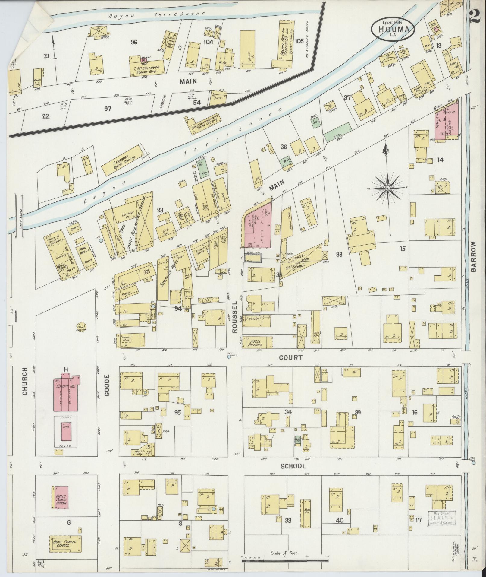 Sanborn Fire Insurance Map from Houma, Terrebonne Parish, Louisiana (1898), Sheet #0002 - Complete Map Set gallery image, historic Sanborn map, vintage wall art, Louisiana Louisiana