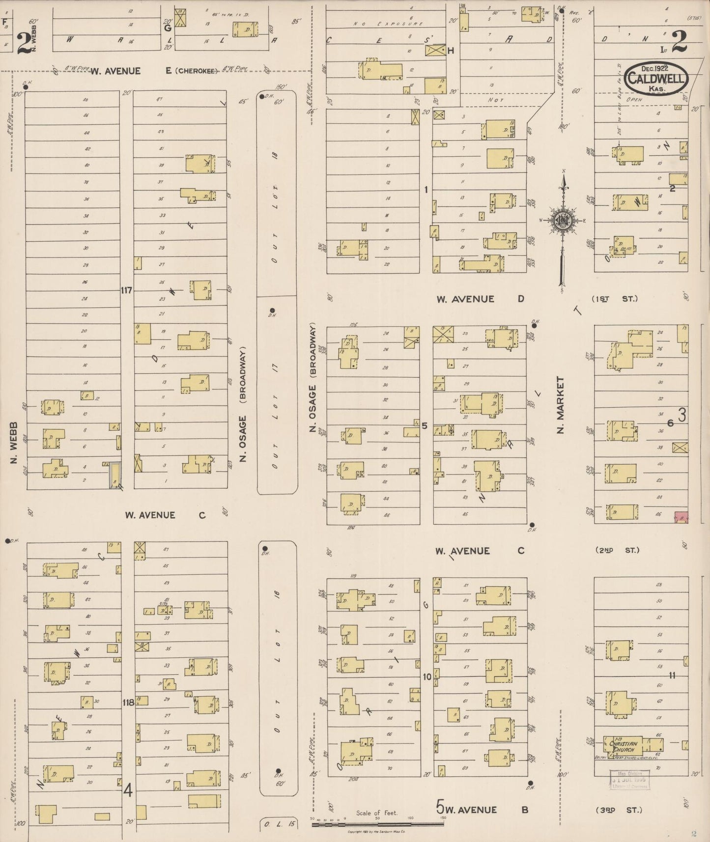 Sanborn Fire Insurance Map from Caldwell, Sumner County, Kansas (1922), Sheet #0002 - Complete Map Set gallery image, historic Sanborn map, vintage wall art, Kansas Kansas