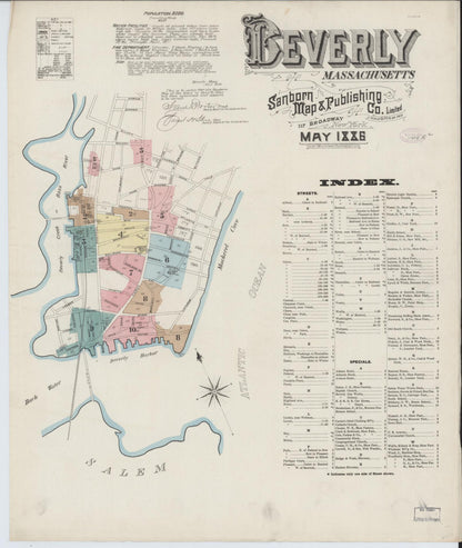 Sanborn Fire Insurance Map from Beverly, Essex County, Massachusetts (1886), Sheet #0001 - Historic Sanborn Fire Insurance Map Print, vintage old map wall art, antique decor, genealogy gift, Massachusetts Massachusetts map