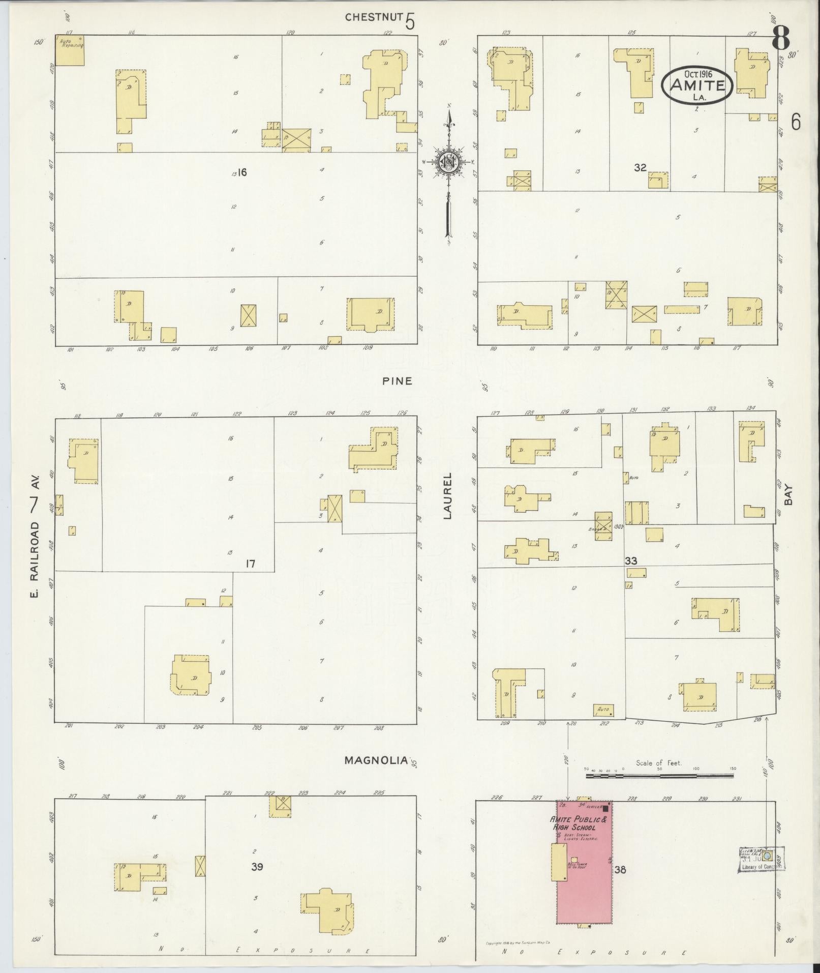 Sanborn Fire Insurance Map from Amite, Tangipahoa Parish, Louisiana (1916), Sheet #0008 - Historic Sanborn Fire Insurance Map Print, vintage old map wall art, antique decor, genealogy gift, Louisiana Louisiana map
