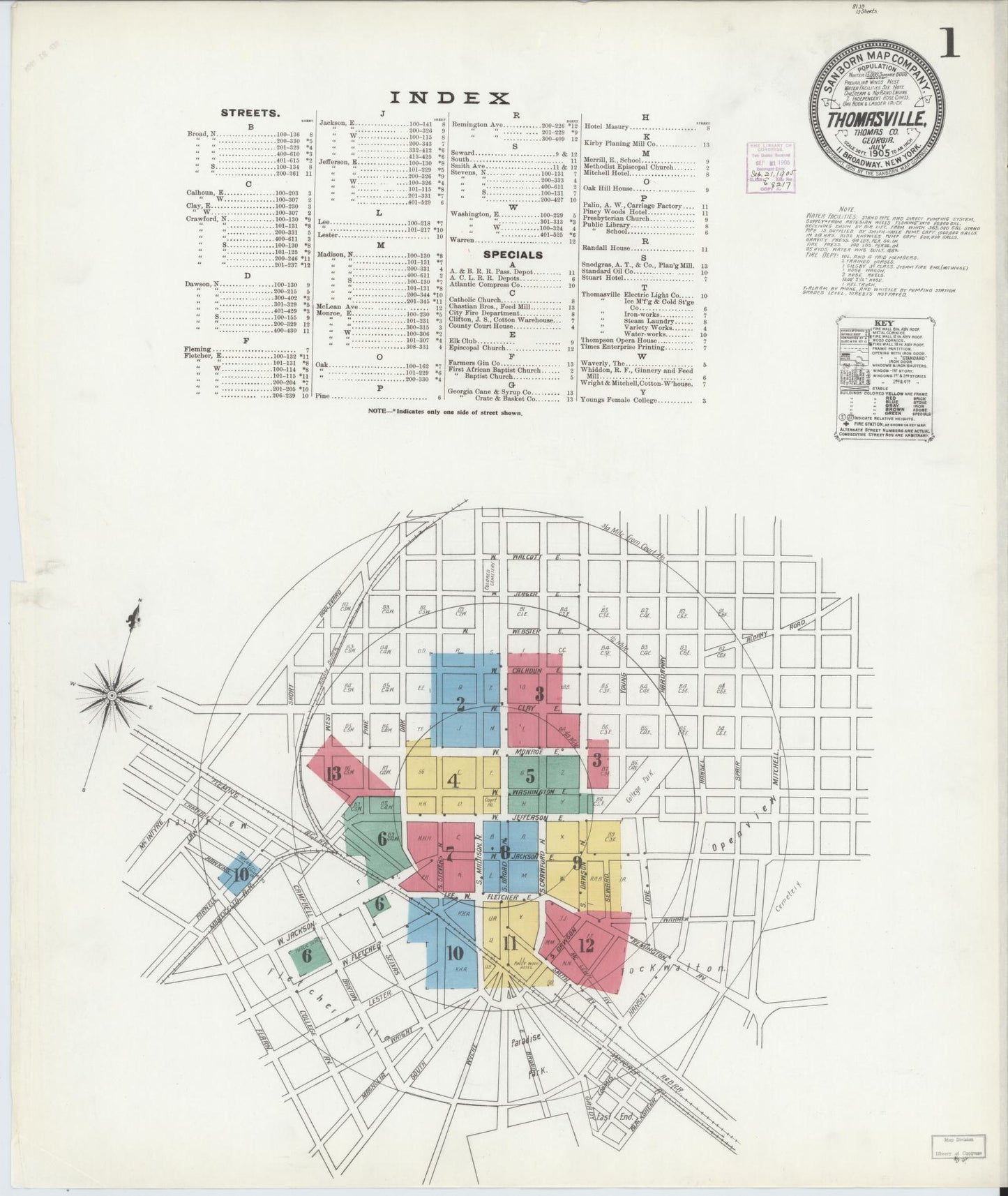 Sanborn Fire Insurance Map from Thomasville, Thomas County, Georgia (1905), Sheet #0001 - Historic Sanborn Fire Insurance Map Print, vintage old map wall art, antique decor, genealogy gift, Georgia Georgia map