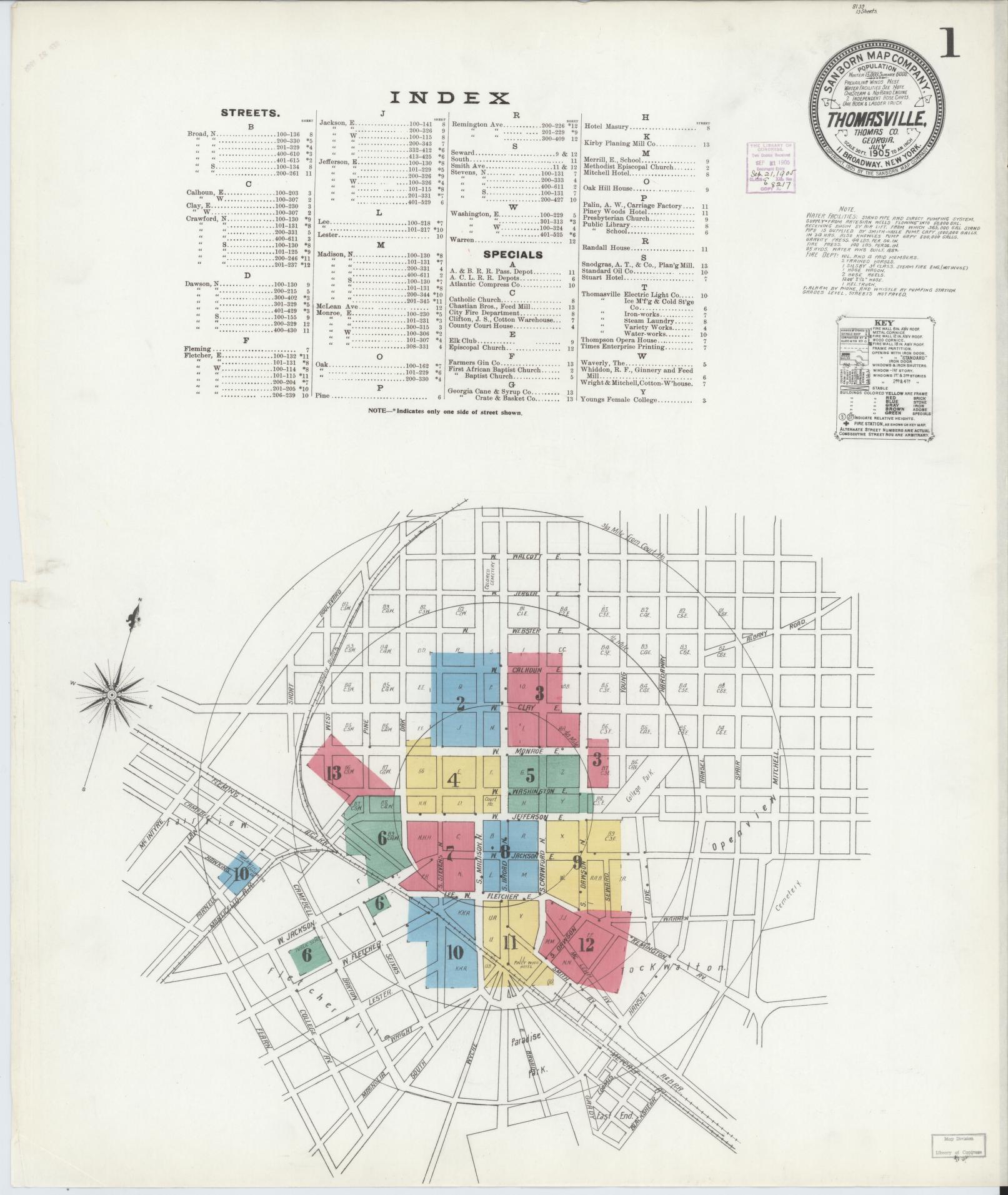 Sanborn Fire Insurance Map from Thomasville, Thomas County, Georgia (1905), Sheet #0001 - Historic Sanborn Fire Insurance Map Print, vintage old map wall art, antique decor, genealogy gift, Georgia Georgia map