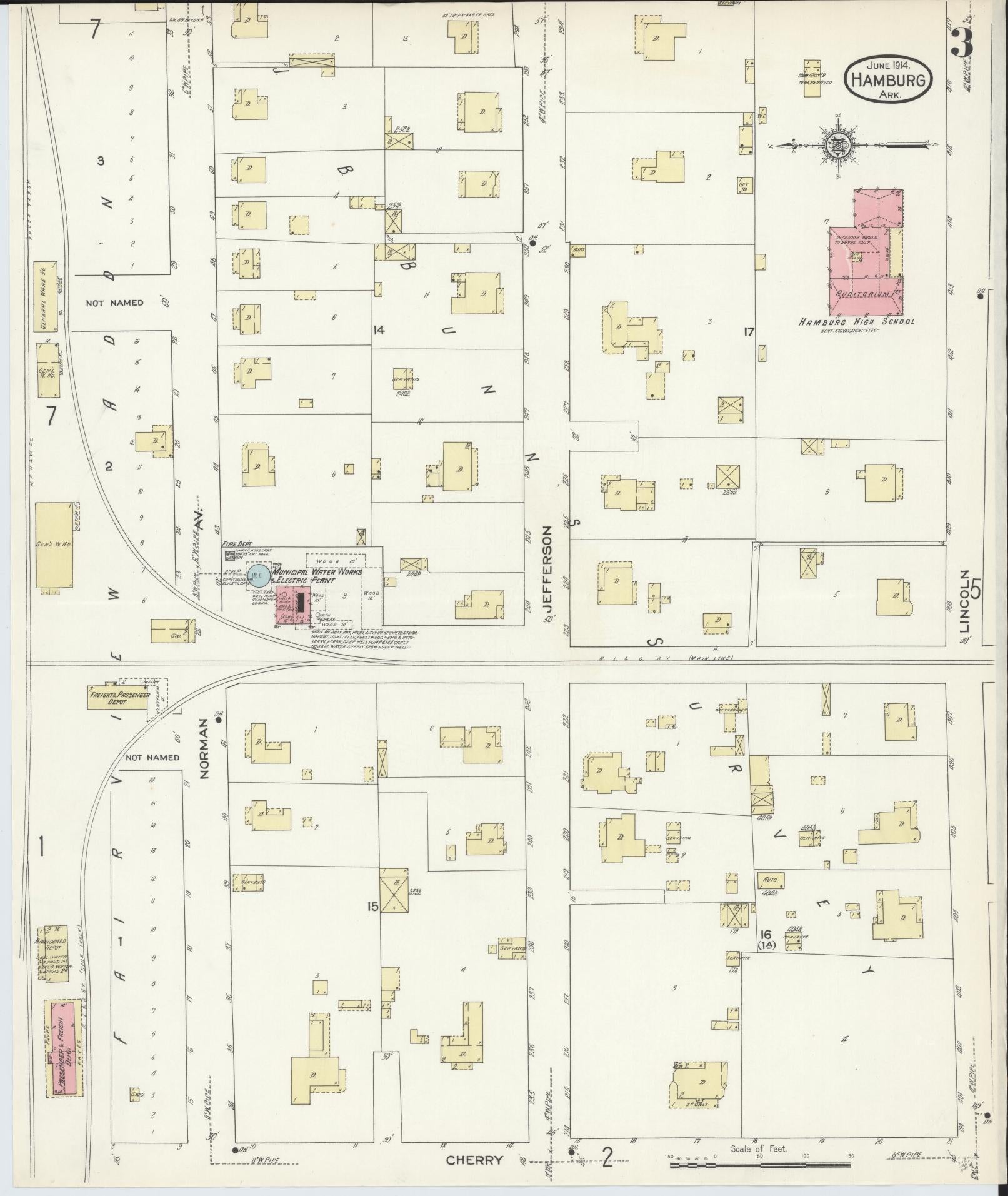 Sanborn Fire Insurance Map from Hamburg, Ashley County, Arkansas (1914), Sheet #0003 - Complete Map Set gallery image, historic Sanborn map, vintage wall art, Arkansas Arkansas