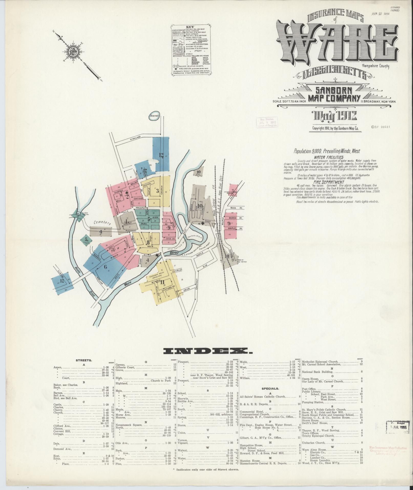 Sanborn Fire Insurance Map from Ware, Hampshire County, Massachusetts. (1912) – Historic Sanborn Fire Insurance Map Print