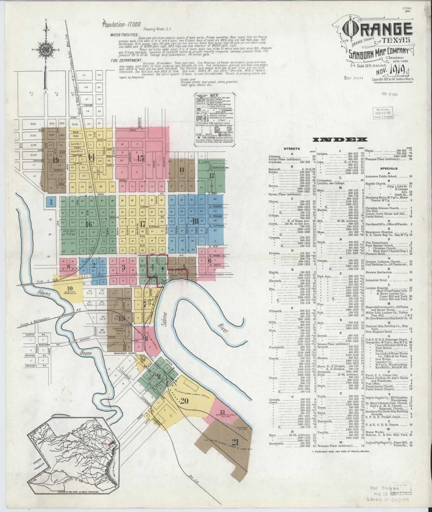 Sanborn Fire Insurance Map from Orange, Orange County, Texas (1919), Sheet #0001 - Historic Sanborn Fire Insurance Map Print, vintage old map wall art, antique decor, genealogy gift, Texas Texas map