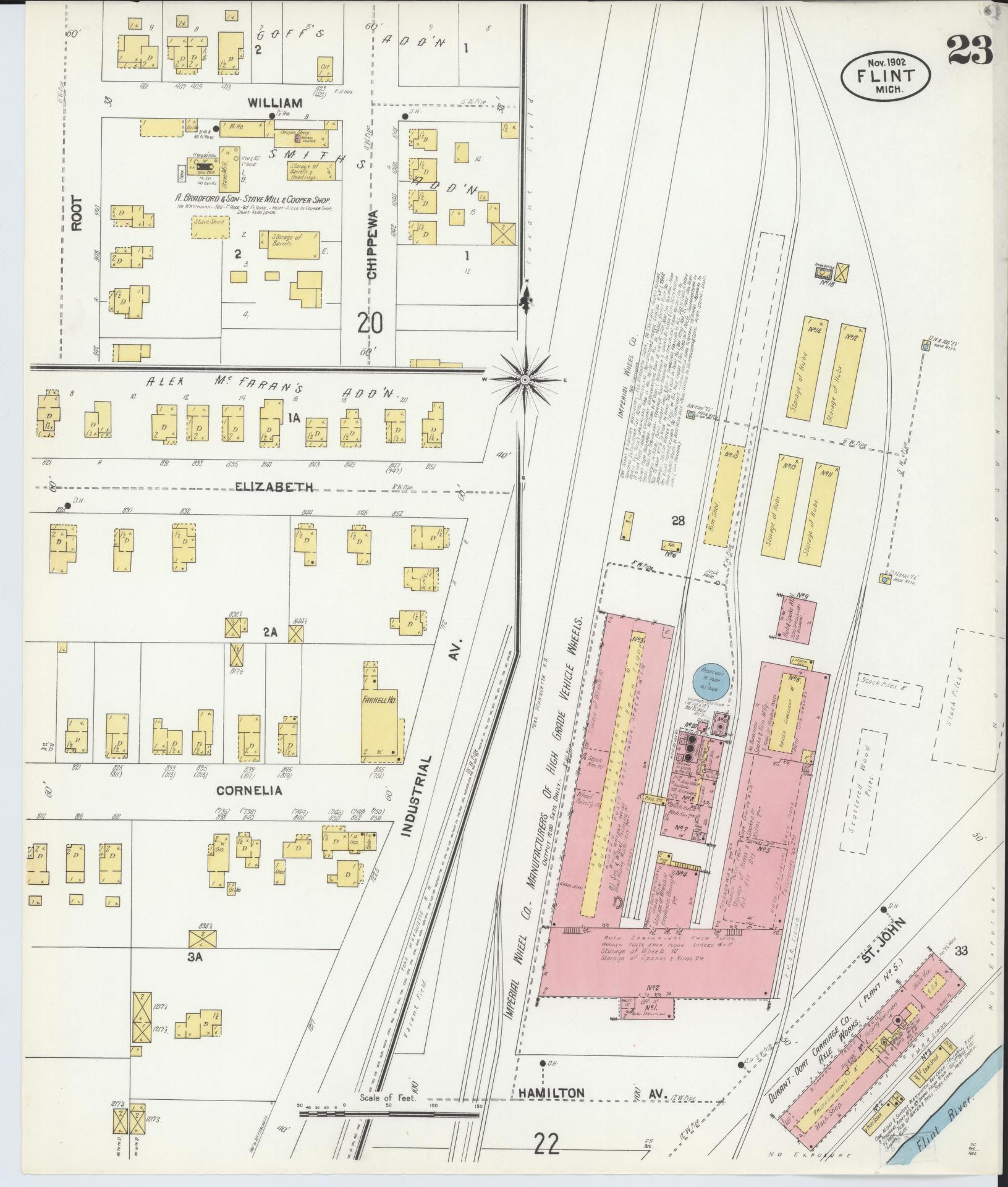 Sanborn Fire Insurance Map from Flint, Genesee County, Michigan (1902), Sheet #0023 - Historic Sanborn Fire Insurance Map Print, vintage old map wall art, antique decor, genealogy gift, Michigan Michigan map