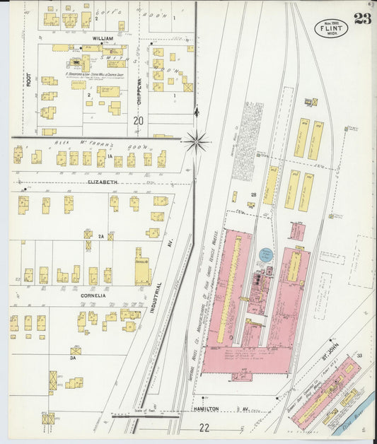 Sanborn Fire Insurance Map from Flint, Genesee County, Michigan (1902), Sheet #0023 - Historic Sanborn Fire Insurance Map Print, vintage old map wall art, antique decor, genealogy gift, Michigan Michigan map