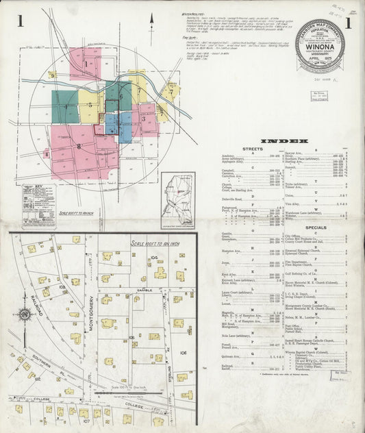 Sanborn Fire Insurance Map from Winona, Montgomery County, Mississippi (1925), Sheet #0001 - Historic Sanborn Fire Insurance Map Print, vintage old map wall art, antique decor, genealogy gift, Mississippi Mississippi map