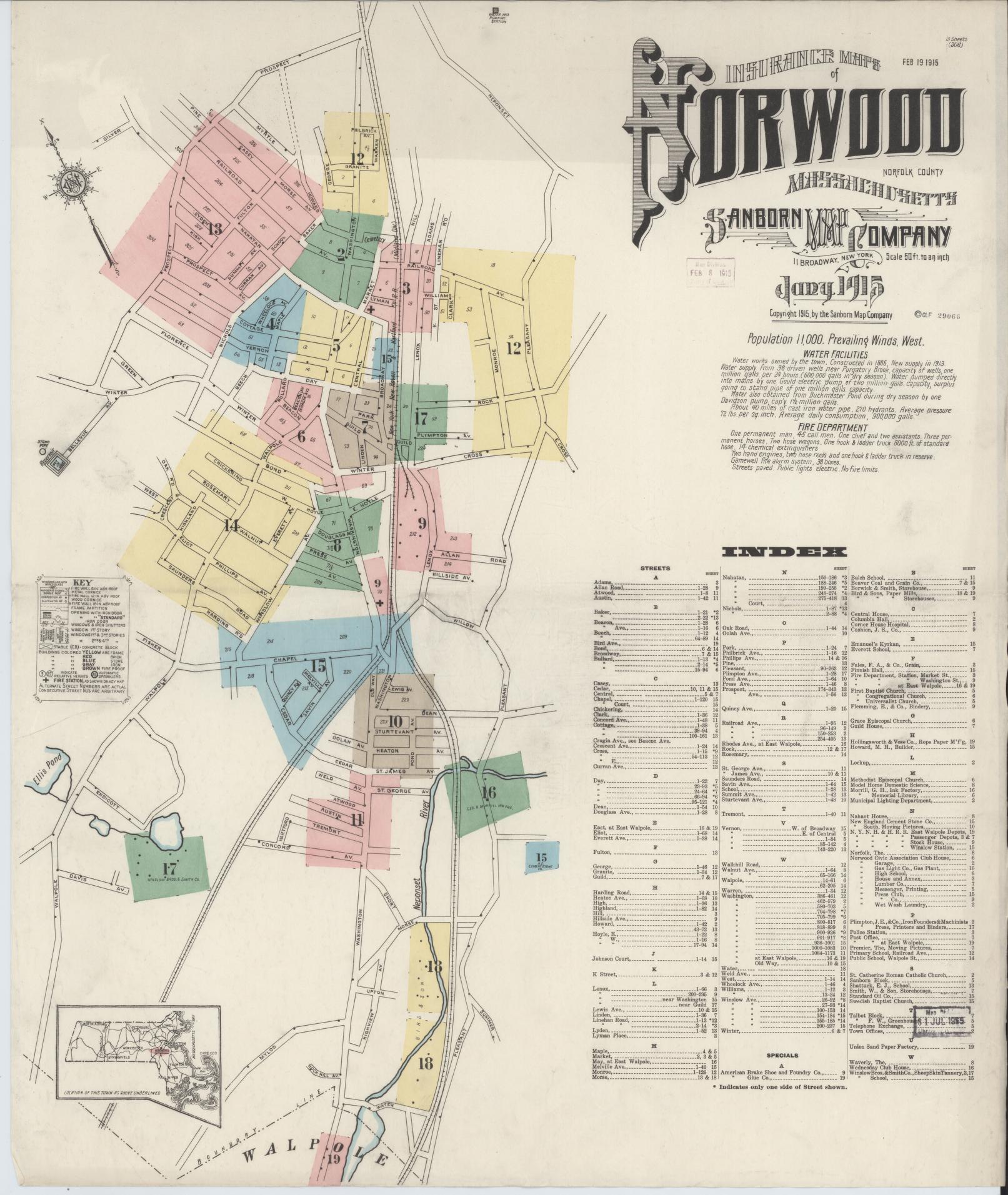 Sanborn Fire Insurance Map from Norwood, Norfolk County, Massachusetts (1915), Sheet #0001 - Historic Sanborn Fire Insurance Map Print, vintage old map wall art, antique decor, genealogy gift, Massachusetts Massachusetts map