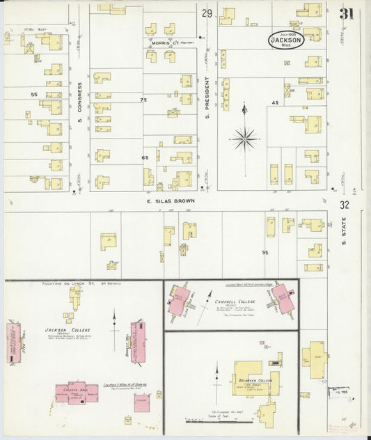 Sanborn Fire Insurance Map from Jackson, Hinds County, Mississippi (1909), Sheet #0031 - Historic Sanborn Fire Insurance Map Print, vintage old map wall art, antique decor, genealogy gift, Mississippi Mississippi map