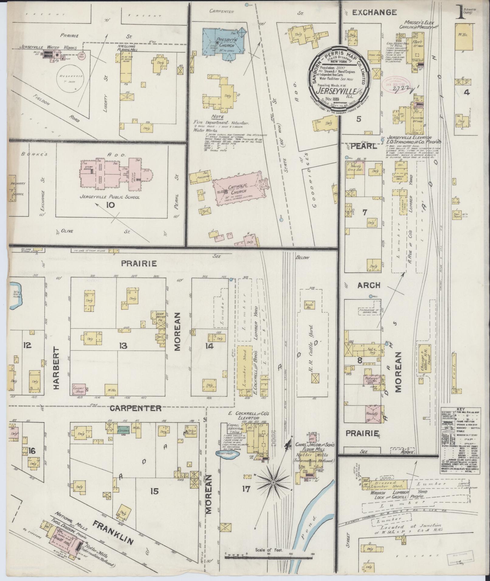 Sanborn Fire Insurance Map from Jerseyville, Jersey County, Illinois (1889), Sheet #0001 - Complete Map Set gallery image, historic Sanborn map, vintage wall art, Illinois Illinois