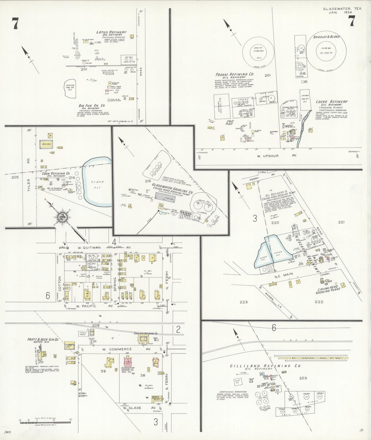 Sanborn Fire Insurance Map from Gladewater, Gregg County, Texas (1934), Sheet #0007 - Historic Sanborn Fire Insurance Map Print, vintage old map wall art, antique decor, genealogy gift, Texas Texas map