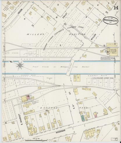 Sanborn Fire Insurance Map from Michigan City, La Porte County, Indiana (1889), Sheet #0014 - Historic Sanborn Fire Insurance Map Print, vintage old map wall art, antique decor, genealogy gift, Michigan Michigan map