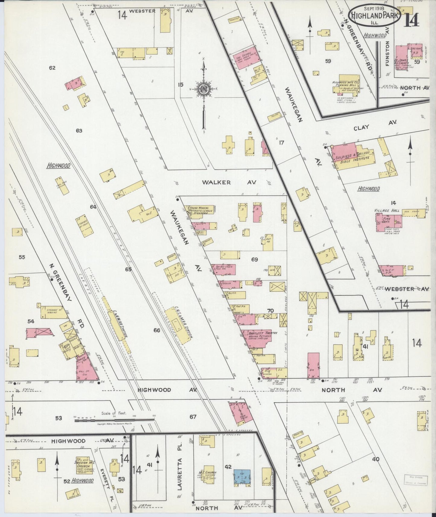 Sanborn Fire Insurance Map from Highland Park, Lake County, Illinois (1918), Sheet #0014 - Complete Map Set gallery image, historic Sanborn map, vintage wall art, Illinois Illinois