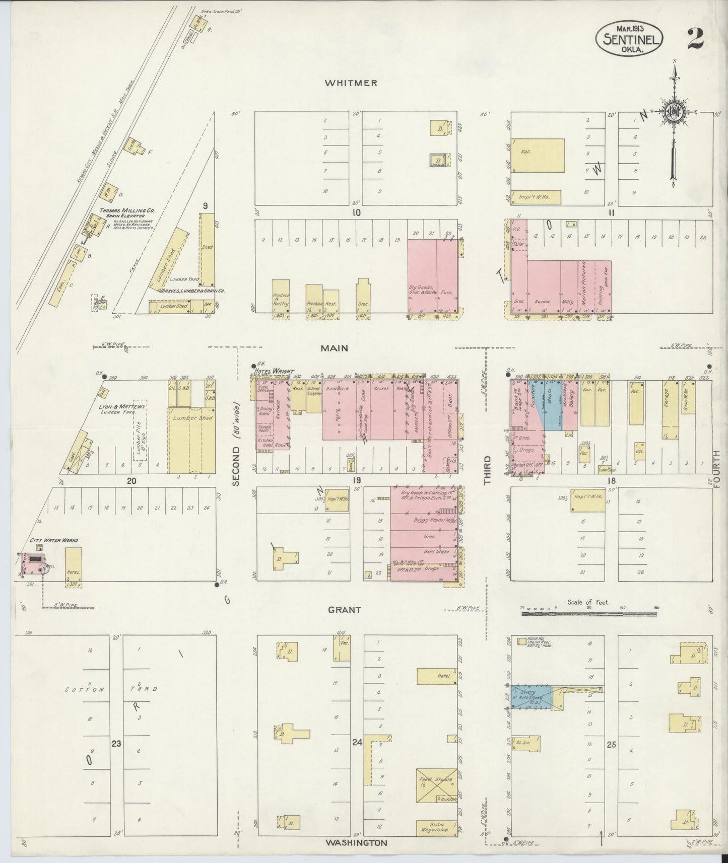 Sanborn Fire Insurance Map from Sentinel, Wasbita County, Oklahoma (1913), Sheet #0002 - Historic Sanborn Fire Insurance Map Print, vintage old map wall art, antique decor, genealogy gift, Oklahoma Oklahoma map