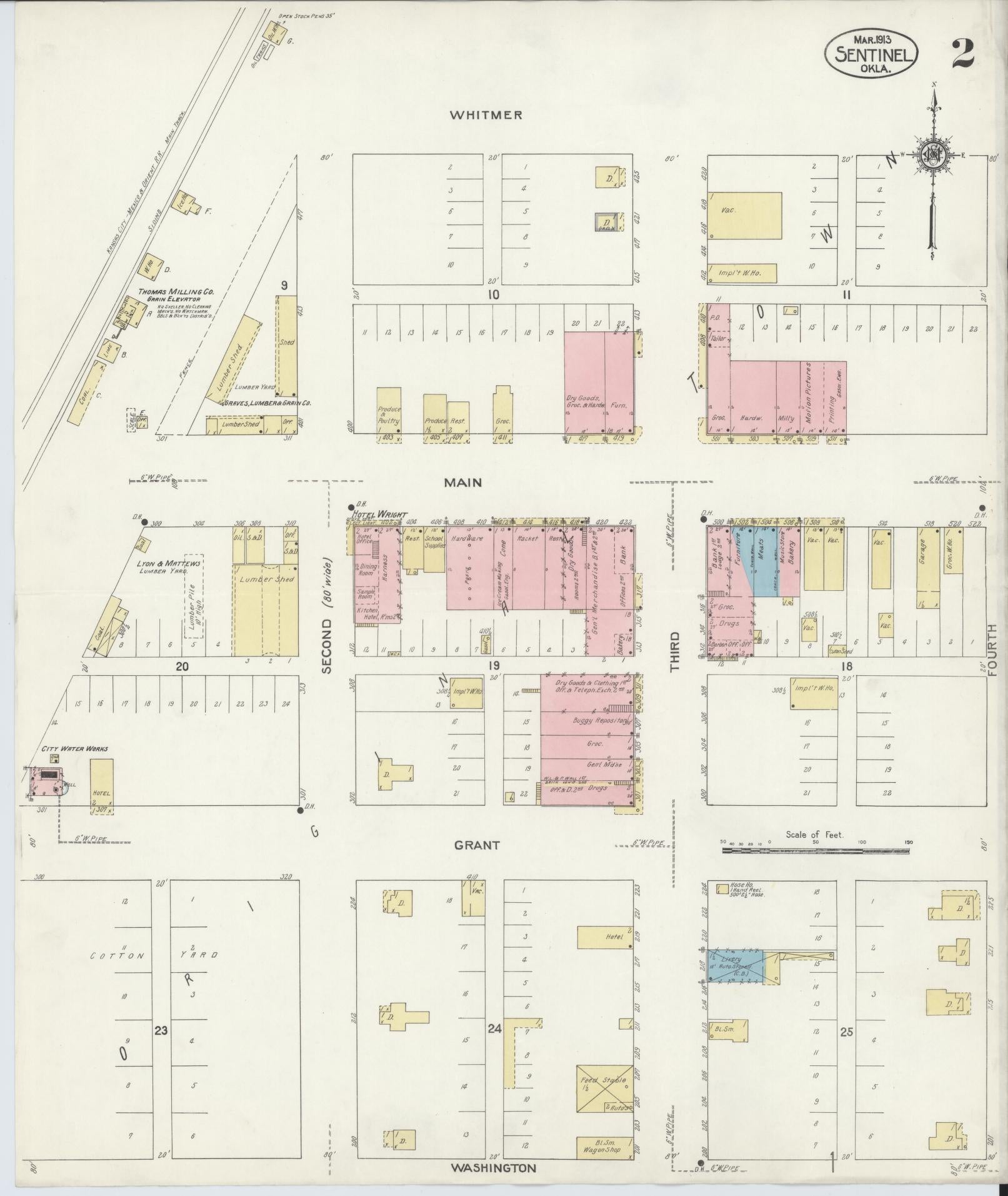 Sanborn Fire Insurance Map from Sentinel, Wasbita County, Oklahoma (1913), Sheet #0002 - Historic Sanborn Fire Insurance Map Print, vintage old map wall art, antique decor, genealogy gift, Oklahoma Oklahoma map