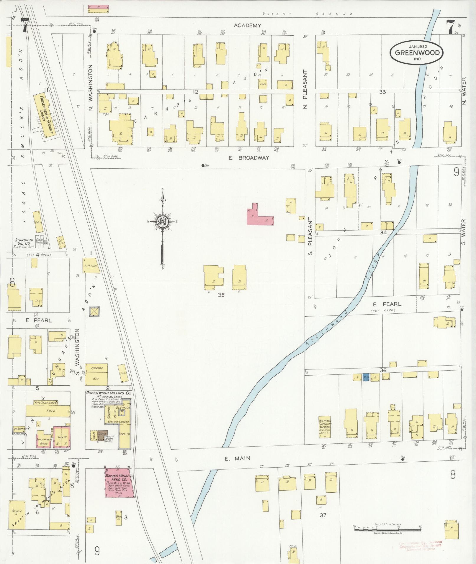 Sanborn Fire Insurance Map from Greenwood, Johnson County, Indiana (1930), Sheet #0007 - Complete Map Set gallery image, historic Sanborn map, vintage wall art, Indiana Indiana