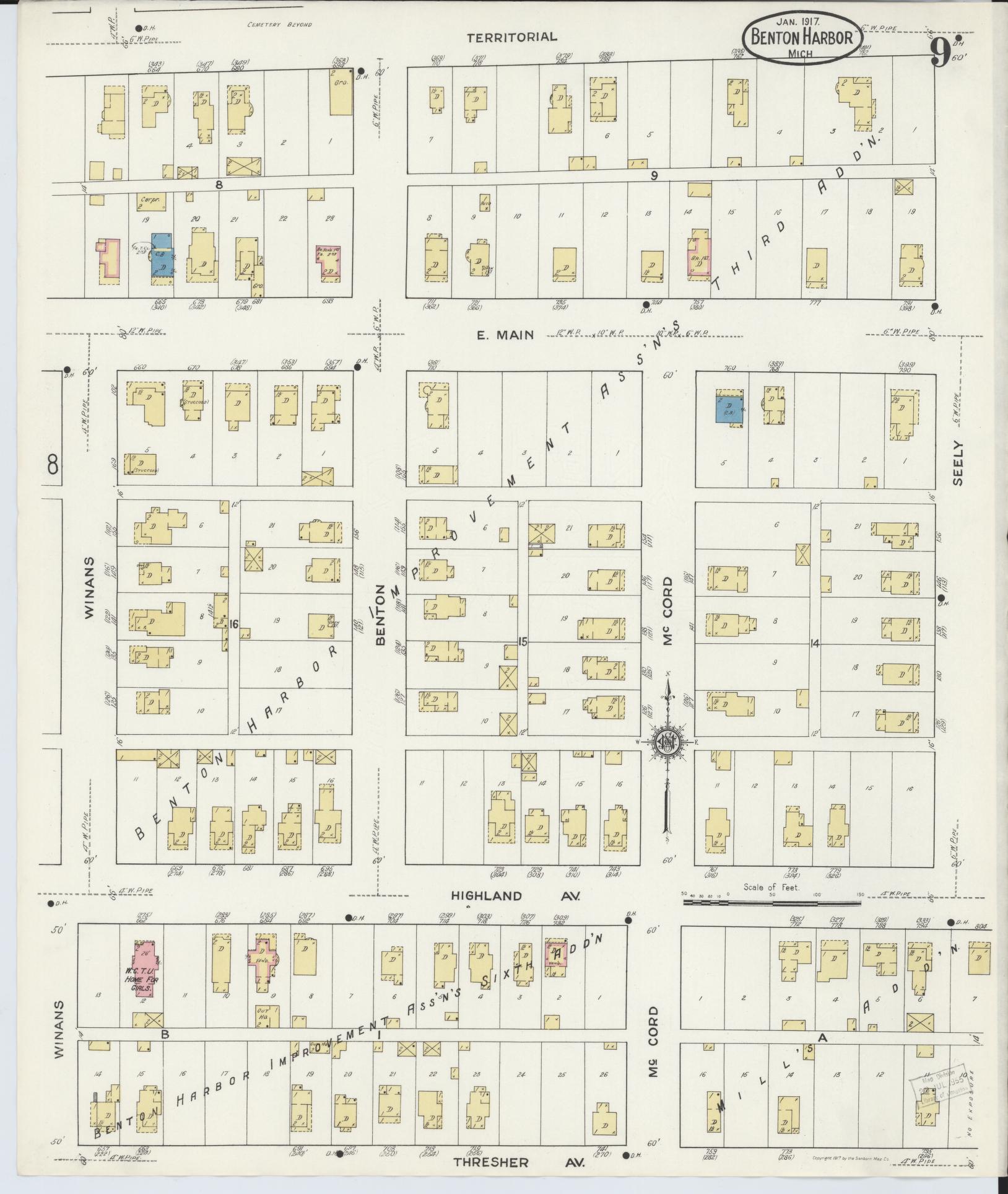 Sanborn Fire Insurance Map from Benton Harbor, Berrien County, Michigan (1917), Sheet #0009 - Historic Sanborn Fire Insurance Map Print, vintage old map wall art, antique decor, genealogy gift, Michigan Michigan map
