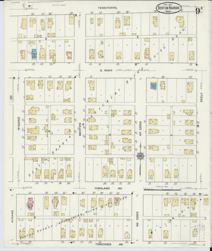 Sanborn Fire Insurance Map from Benton Harbor, Berrien County, Michigan (1917), Sheet #0009 - Historic Sanborn Fire Insurance Map Print, vintage old map wall art, antique decor, genealogy gift, Michigan Michigan map