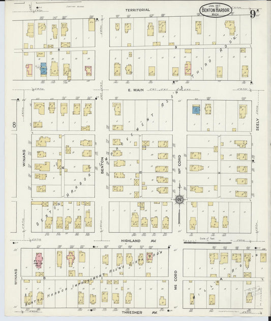 Sanborn Fire Insurance Map from Benton Harbor, Berrien County, Michigan (1917), Sheet #0009 - Historic Sanborn Fire Insurance Map Print, vintage old map wall art, antique decor, genealogy gift, Michigan Michigan map