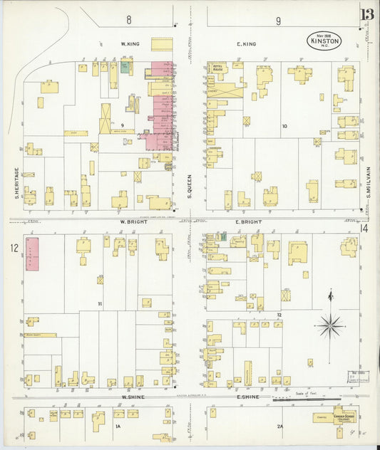 Sanborn Fire Insurance Map from Kinston, Lenoir County, North Carolina (1908), Sheet #0013 - Historic Sanborn Fire Insurance Map Print, vintage old map wall art, antique decor, genealogy gift, North Carolina North Carolina map