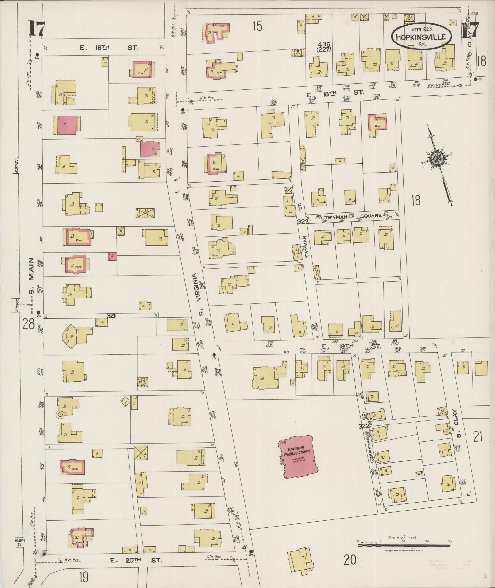 Sanborn Fire Insurance Map from Hopkinsville, Christian County, Kentucky (1923), Sheet #0017 - Historic Sanborn Fire Insurance Map Print, vintage old map wall art, antique decor, genealogy gift, Kentucky Kentucky map