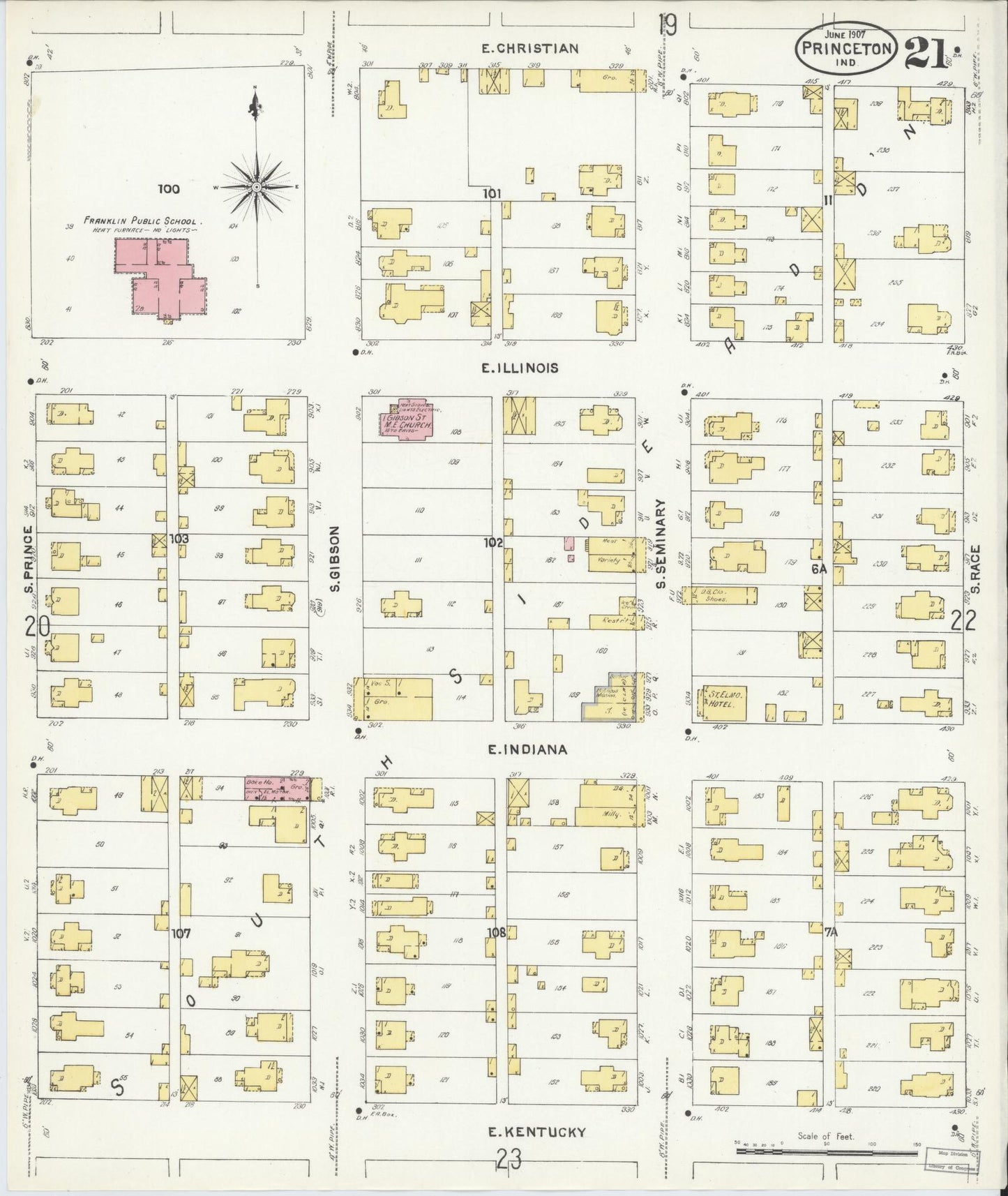 Sanborn Fire Insurance Map from Princeton, Gibson County, Indiana (1907), Sheet #0021 - Historic Sanborn Fire Insurance Map Print, vintage old map wall art, antique decor, genealogy gift, Indiana Indiana map