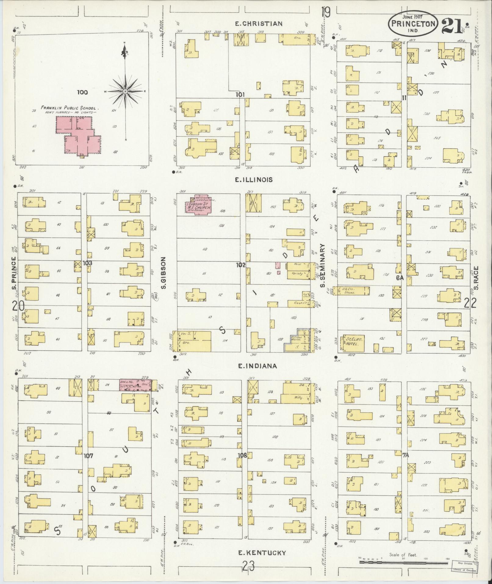 Sanborn Fire Insurance Map from Princeton, Gibson County, Indiana (1907), Sheet #0021 - Historic Sanborn Fire Insurance Map Print, vintage old map wall art, antique decor, genealogy gift, Indiana Indiana map