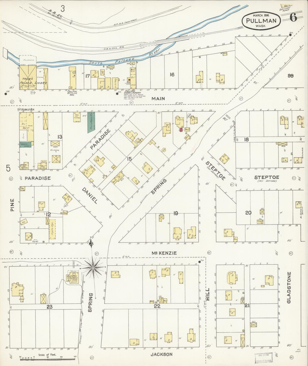 Sanborn Fire Insurance Map from Pullman, Whitman County, Washington (1896), Sheet #0006 - Historic Sanborn Fire Insurance Map Print, vintage old map wall art, antique decor, genealogy gift, Washington Washington map