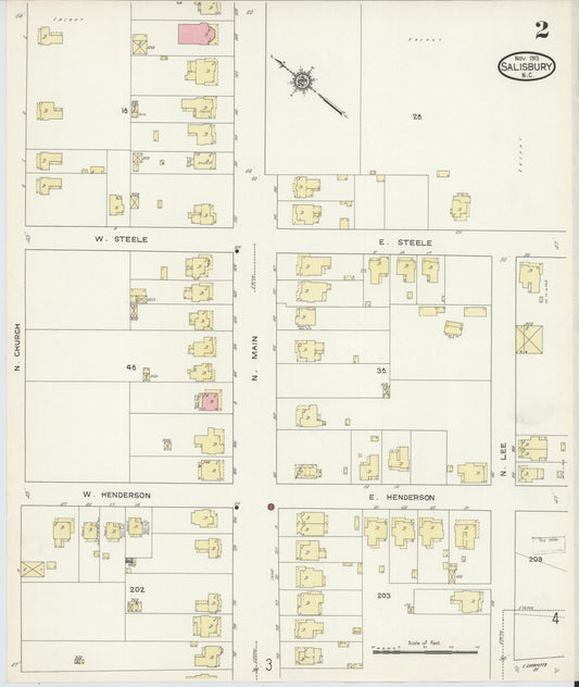 Sanborn Fire Insurance Map from Salisbury, Rowan County, North Carolina (1913), Sheet #0002 - Historic Sanborn Fire Insurance Map Print, vintage old map wall art, antique decor, genealogy gift, North Carolina North Carolina map