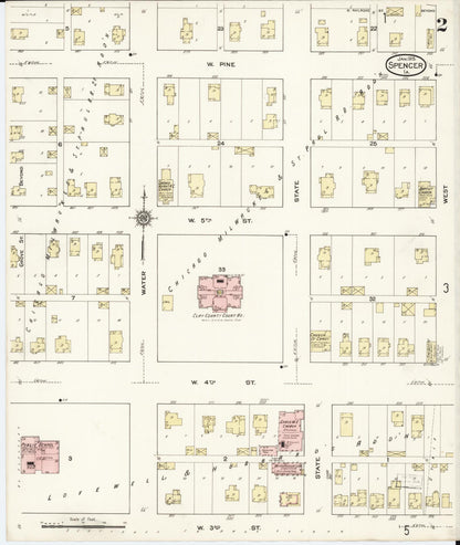 Sanborn Fire Insurance Map from Spencer, Clay County, Iowa (1915), Sheet #0002 - Historic Sanborn Fire Insurance Map Print, vintage old map wall art