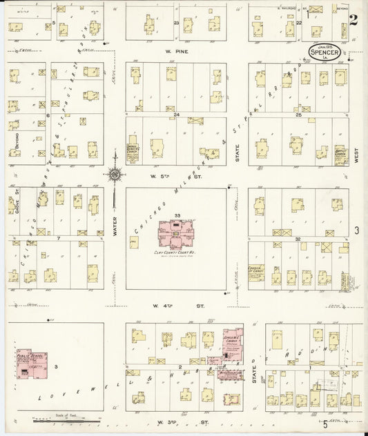 Sanborn Fire Insurance Map from Spencer, Clay County, Iowa (1915), Sheet #0002 - Historic Sanborn Fire Insurance Map Print, vintage old map wall art
