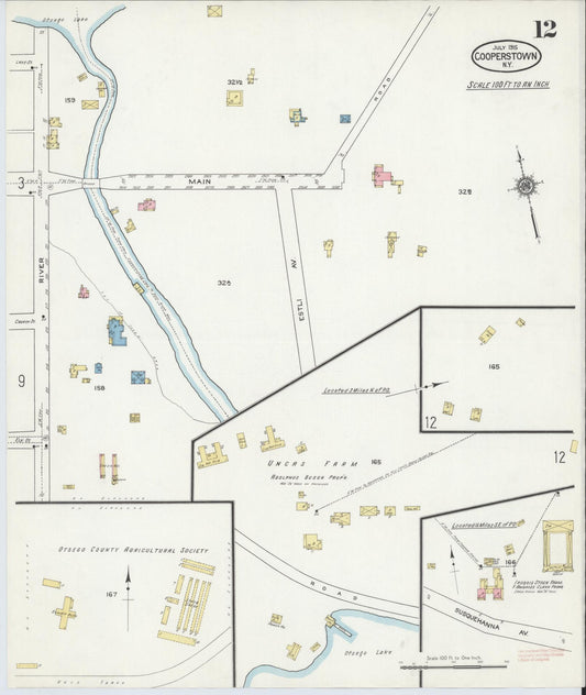 Sanborn Fire Insurance Map from Cooperstown, Otsego County, New York (1915), Sheet #0012 - Historic Sanborn Fire Insurance Map Print, vintage old map wall art, antique decor, genealogy gift, New York New York map