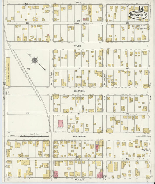 Sanborn Fire Insurance Map from Brownsville, Cameron County, Texas (1919), Sheet #0014 - Historic Sanborn Fire Insurance Map Print, vintage old map wall art, antique decor, genealogy gift, Texas Texas map