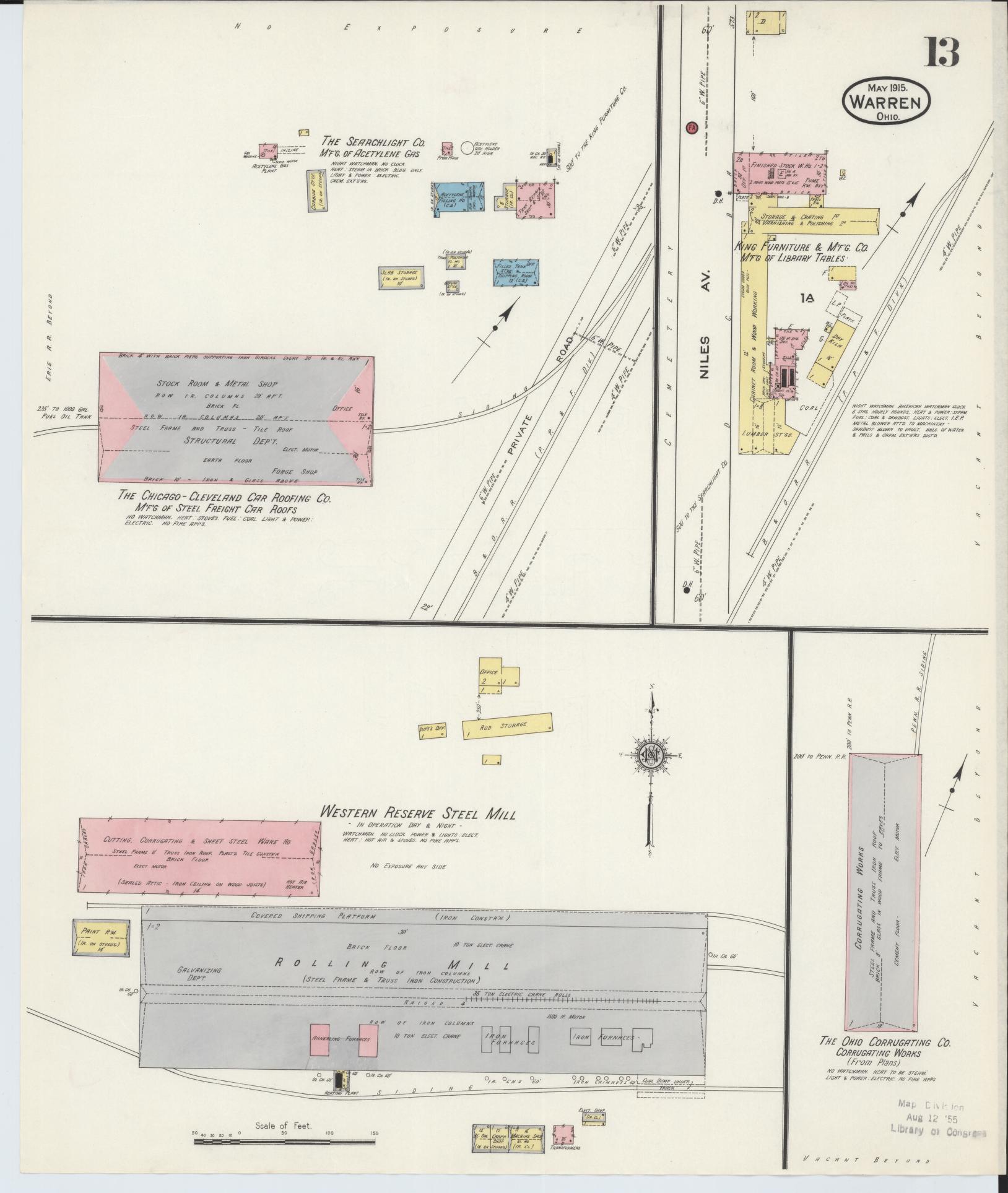 Sanborn Fire Insurance Map from Warren, Trumbull County, Ohio (1915), Sheet #0013 - Historic Sanborn Fire Insurance Map Print, vintage old map wall art, antique decor, genealogy gift, Ohio Ohio map