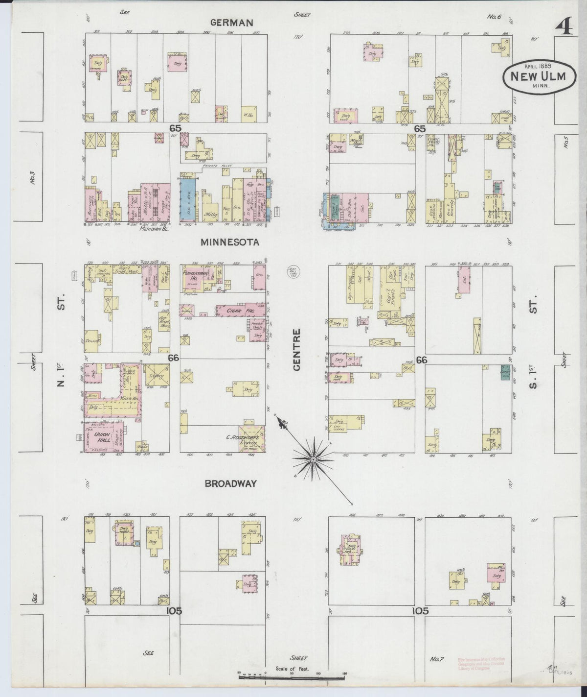 Sanborn Fire Insurance Map from New Ulm, Brown County, Minnesota (1889), Sheet #0004 - Complete Map Set gallery image, historic Sanborn map, vintage wall art, Minnesota Minnesota