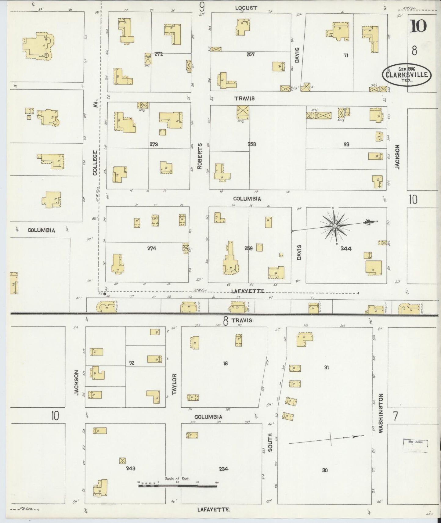 Sanborn Fire Insurance Map from Clarksville, Red River County, Texas (1906), Sheet #0010 - Complete Map Set gallery image, historic Sanborn map, vintage wall art, Texas Texas