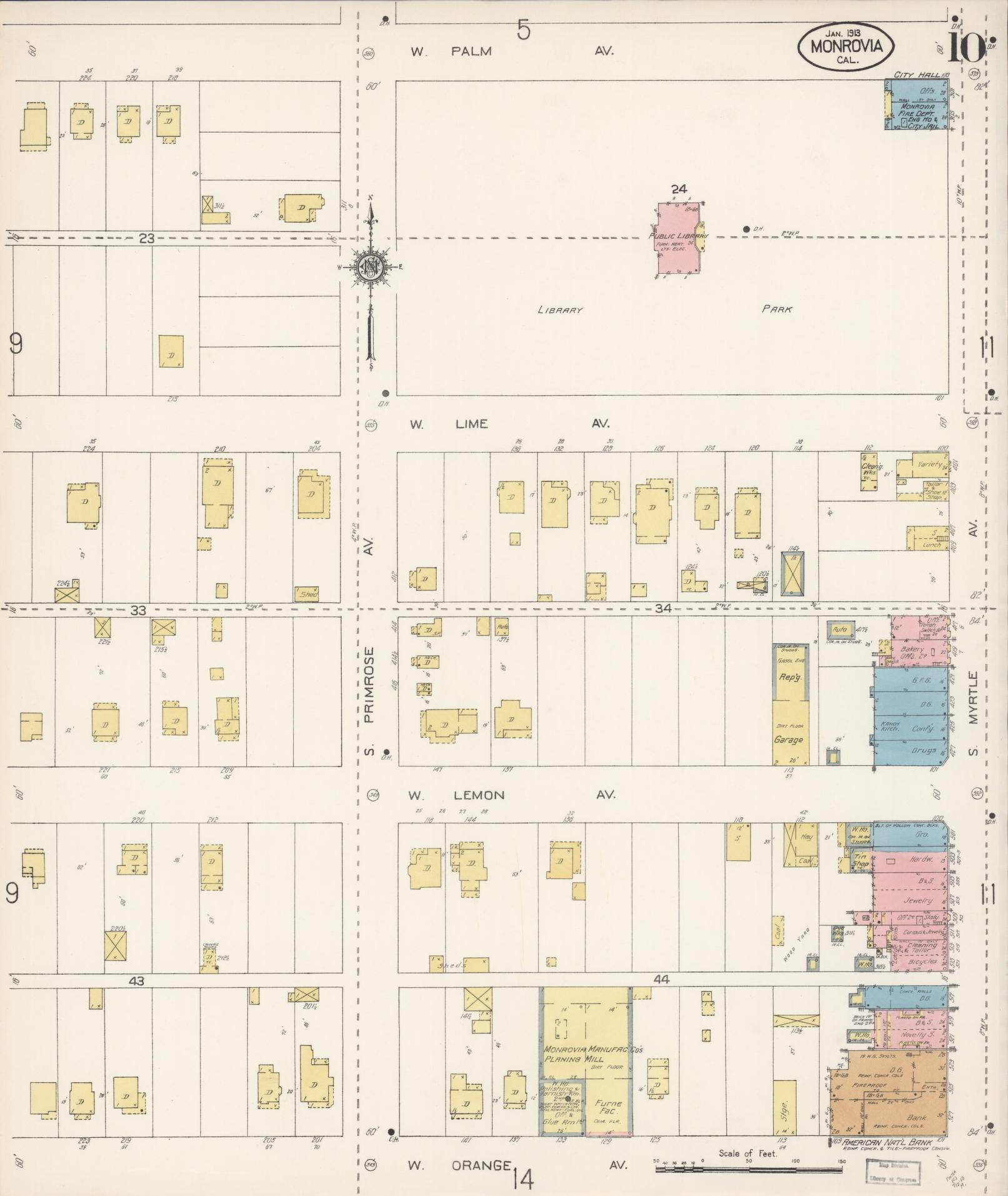 Sanborn Fire Insurance Map from Monrovia, Los Angeles County, California (1913), Sheet #0010 - Historic Sanborn Fire Insurance Map Print, vintage old map wall art, antique decor, genealogy gift, California California map