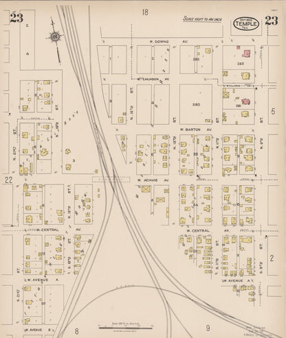 Sanborn Fire Insurance Map from Temple, Bell County, Texas (1922), Sheet #0023 - Historic Sanborn Fire Insurance Map Print, vintage old map wall art, antique decor, genealogy gift, Texas Texas map