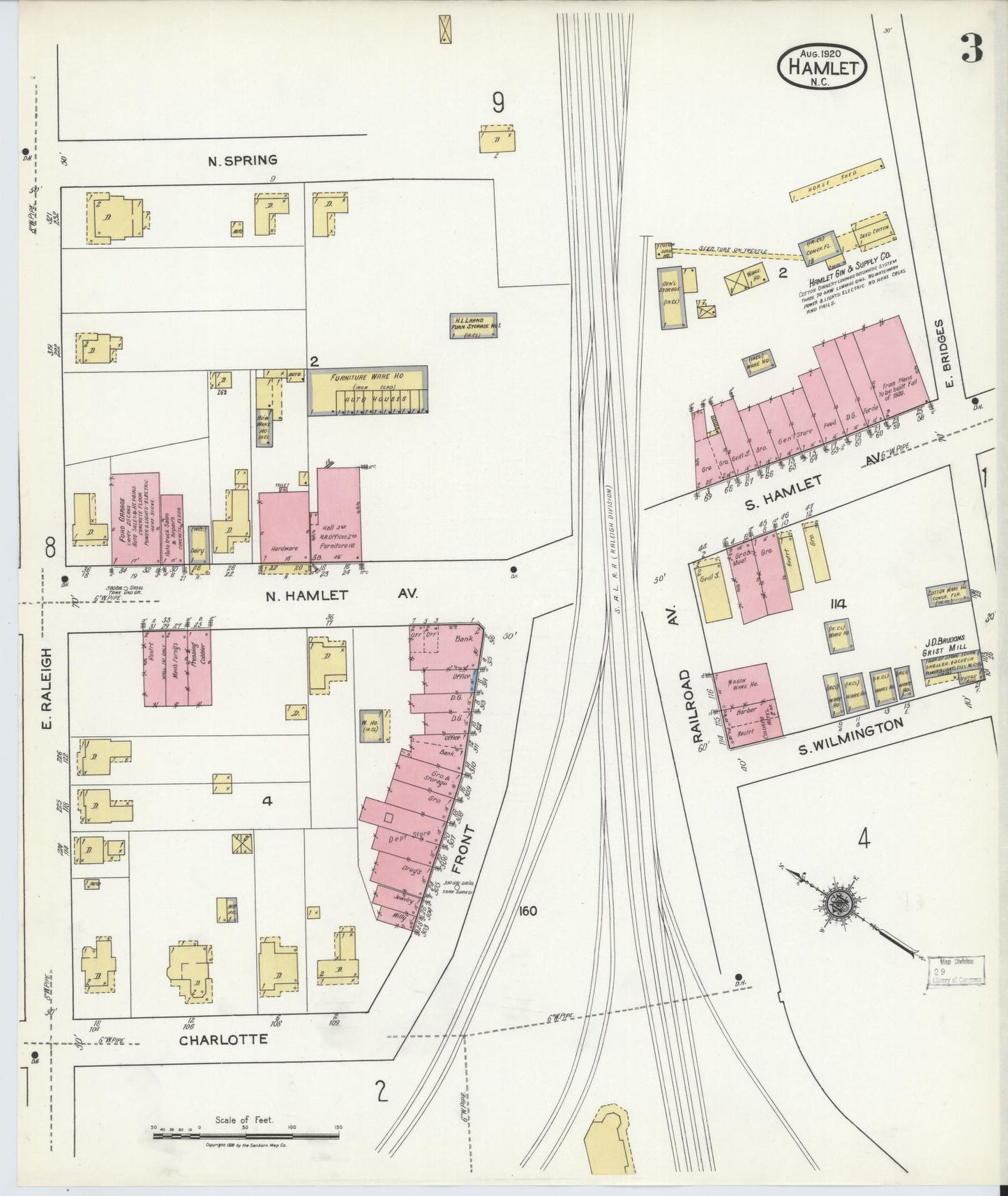 Sanborn Fire Insurance Map from Hamlet, Richmond County, North Carolina (1920), Sheet #0003 - Historic Sanborn Fire Insurance Map Print, vintage old map wall art, antique decor, genealogy gift, North Carolina North Carolina map