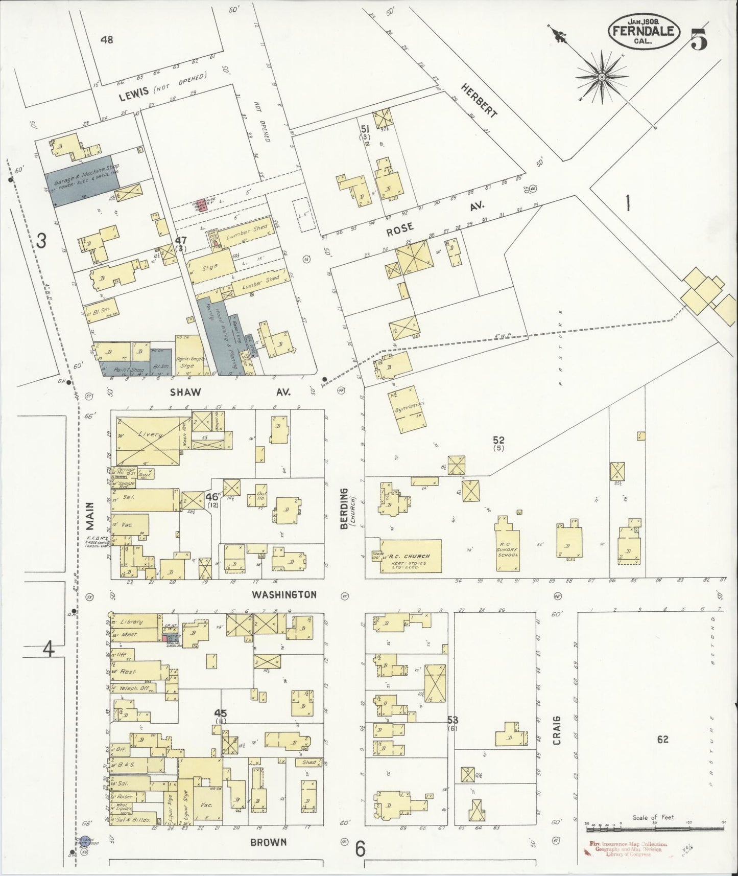 Sanborn Fire Insurance Map from Ferndale, Humboldt County, California (1909), Sheet #0005 - Complete Map Set gallery image, historic Sanborn map, vintage wall art, California California