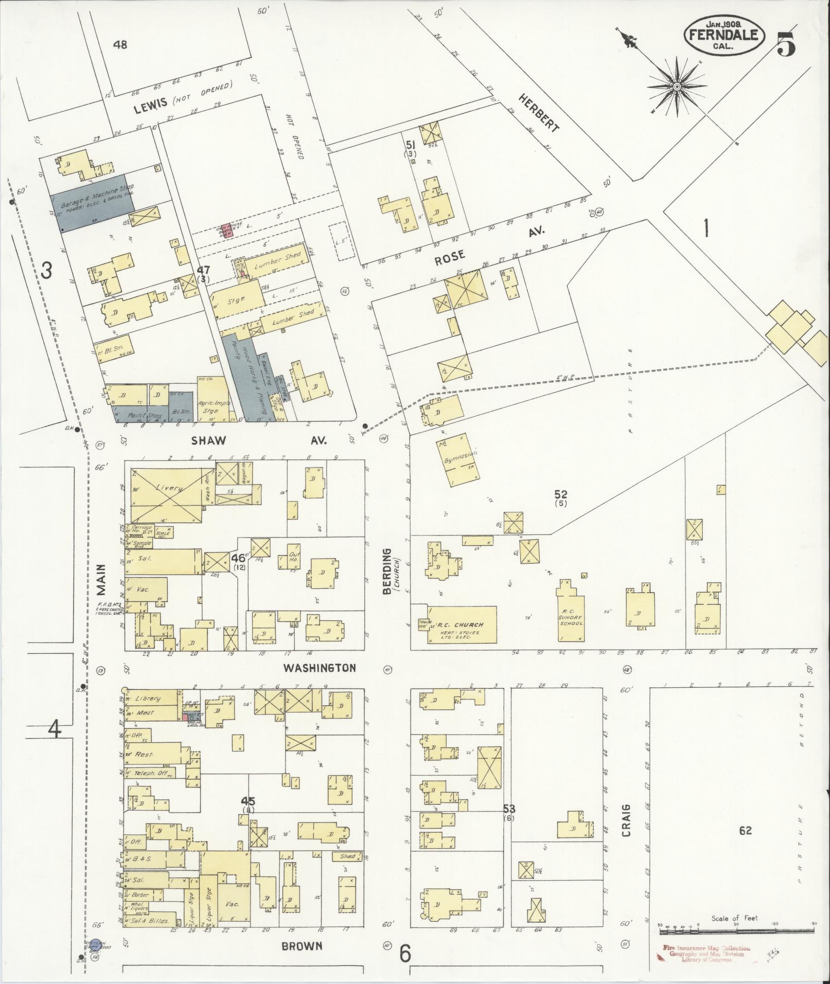 Sanborn Fire Insurance Map from Ferndale, Humboldt County, California (1909), Sheet #0005 - Complete Map Set gallery image, historic Sanborn map, vintage wall art, California California