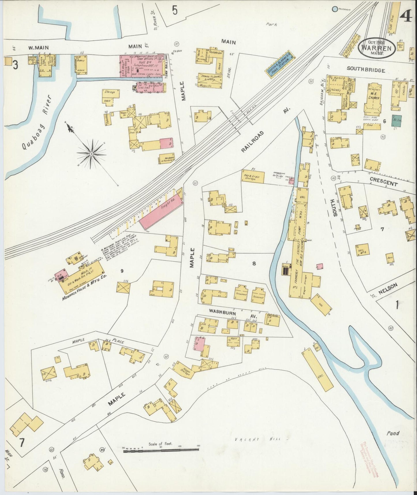 Sanborn Fire Insurance Map from Warren, Worcester County, Massachusetts (1906), Sheet #0004 - Complete Map Set gallery image, historic Sanborn map, vintage wall art, Massachusetts Massachusetts