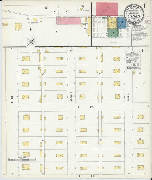 Sanborn Fire Insurance Map from Crossett, Ashley County, Arkansas (1908), Sheet #0001 - Historic Sanborn Fire Insurance Map Print, vintage old map wall art, antique decor, genealogy gift, Arkansas Arkansas map