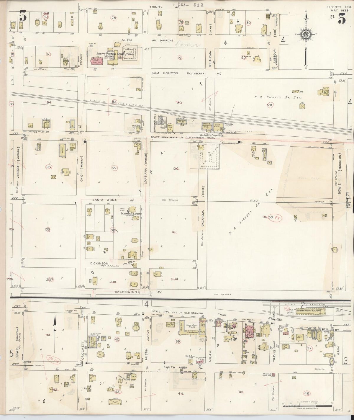 Sanborn Fire Insurance Map from Liberty, Liberty County, Texas (1945), Sheet #0005 - Historic Sanborn Fire Insurance Map Print, vintage old map wall art, antique decor, genealogy gift, Texas Texas map
