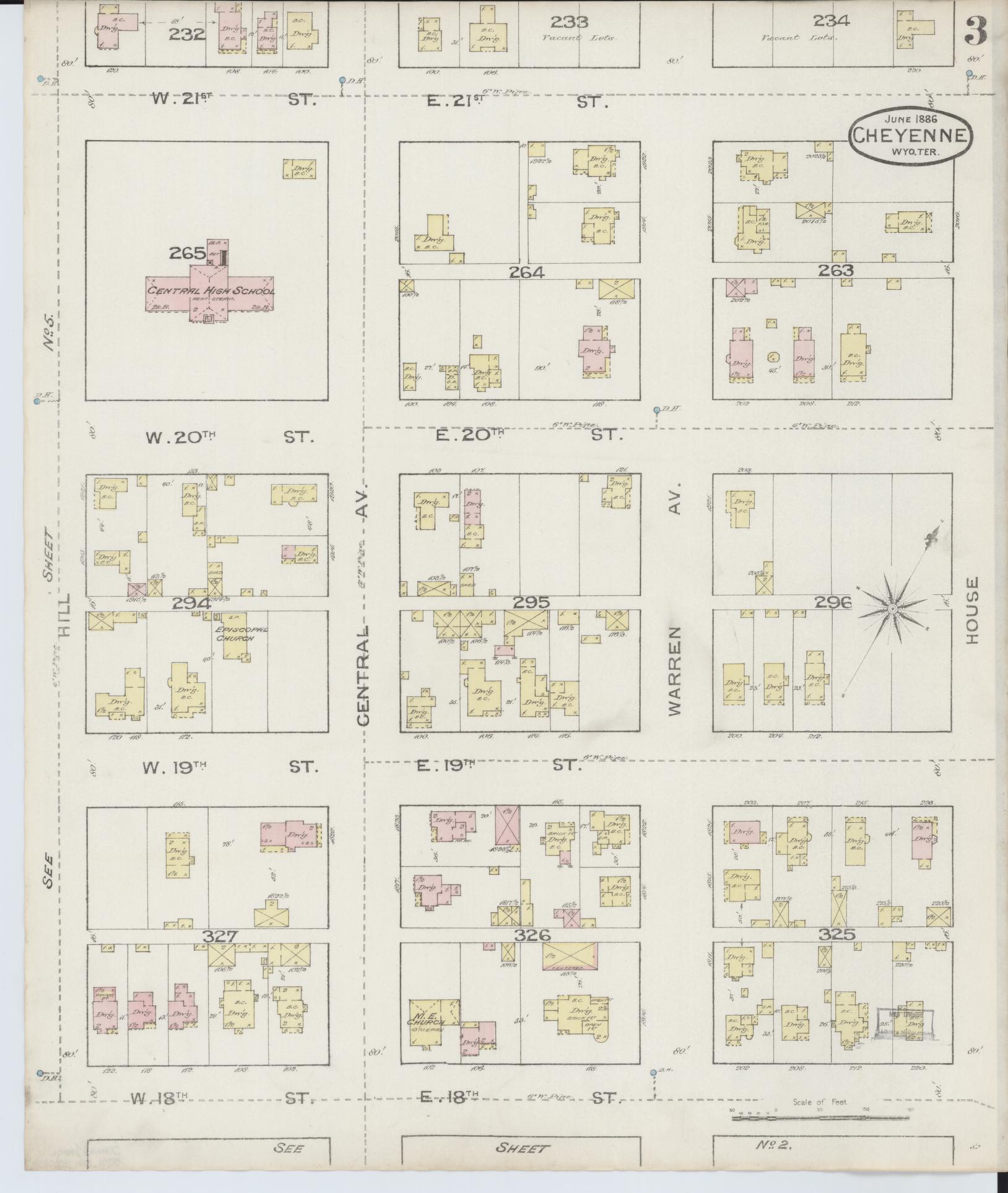 Sanborn Fire Insurance Map from Cheyenne, Laramie County, Wyoming (1886), Sheet #0003 - Complete Map Set gallery image, historic Sanborn map, vintage wall art, Wyoming Wyoming