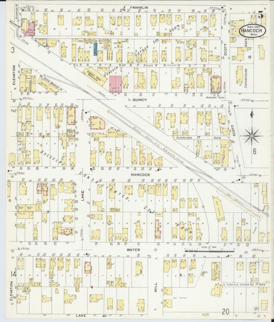 Sanborn Fire Insurance Map from Hancock, Houghton County, Michigan (1907), Sheet #0005 - Historic Sanborn Fire Insurance Map Print, vintage old map wall art, antique decor, genealogy gift, Michigan Michigan map