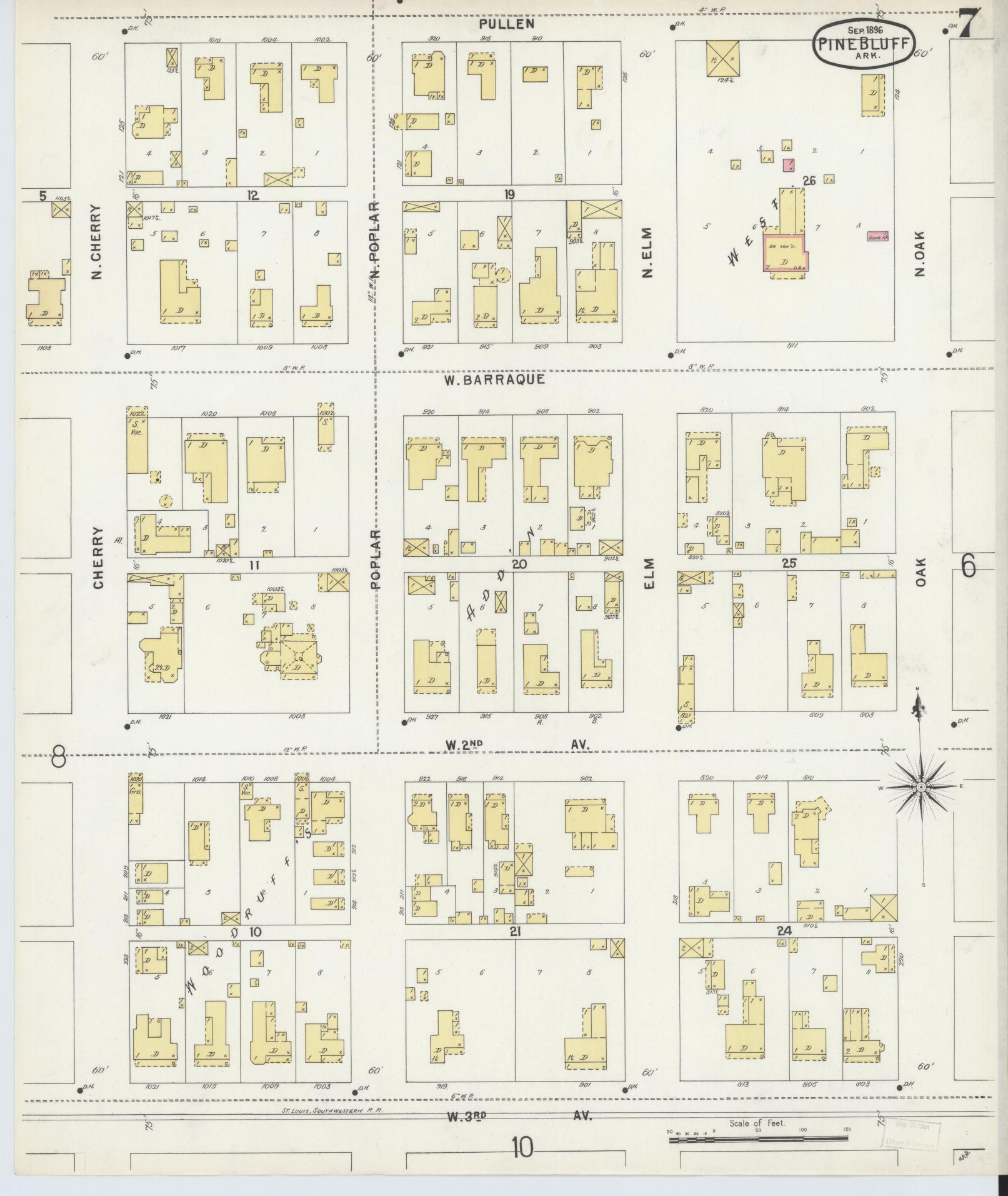 Sanborn Fire Insurance Map from Pine Bluff, Jefferson County, Arkansas (1896), Sheet #0007 - Historic Sanborn Fire Insurance Map Print, vintage old map wall art, antique decor, genealogy gift, Arkansas Arkansas map