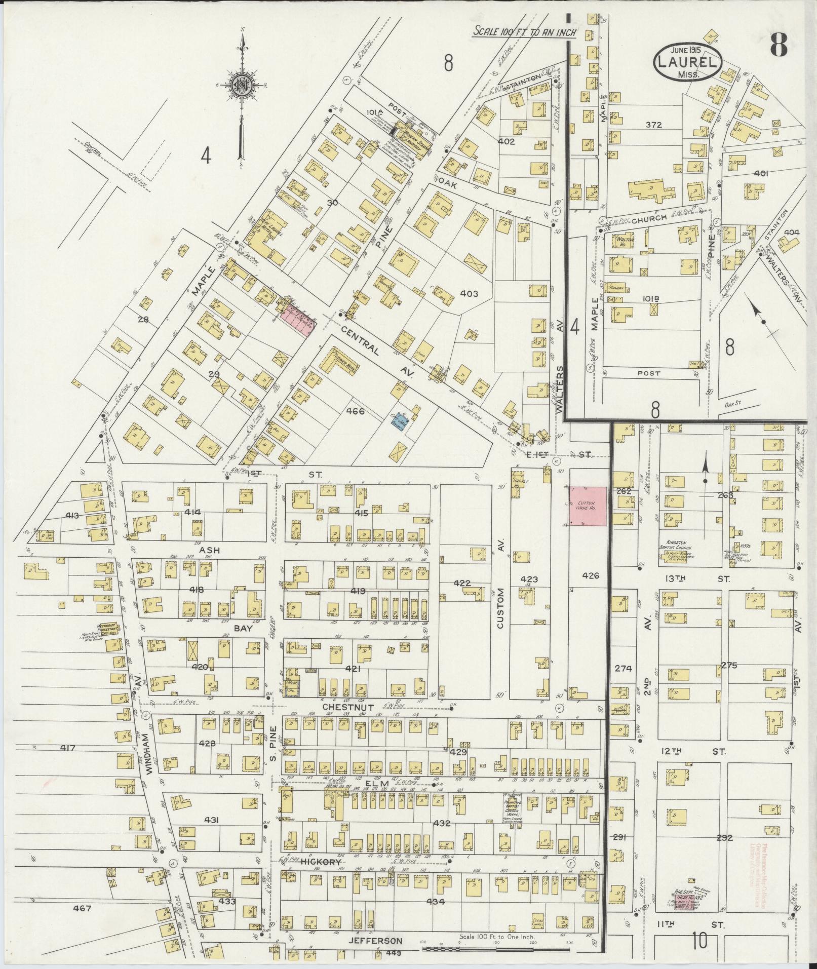 Sanborn Fire Insurance Map from Laurel, Jones County, Mississippi (1915), Sheet #0008 - Historic Sanborn Fire Insurance Map Print, vintage old map wall art, antique decor, genealogy gift, Mississippi Mississippi map