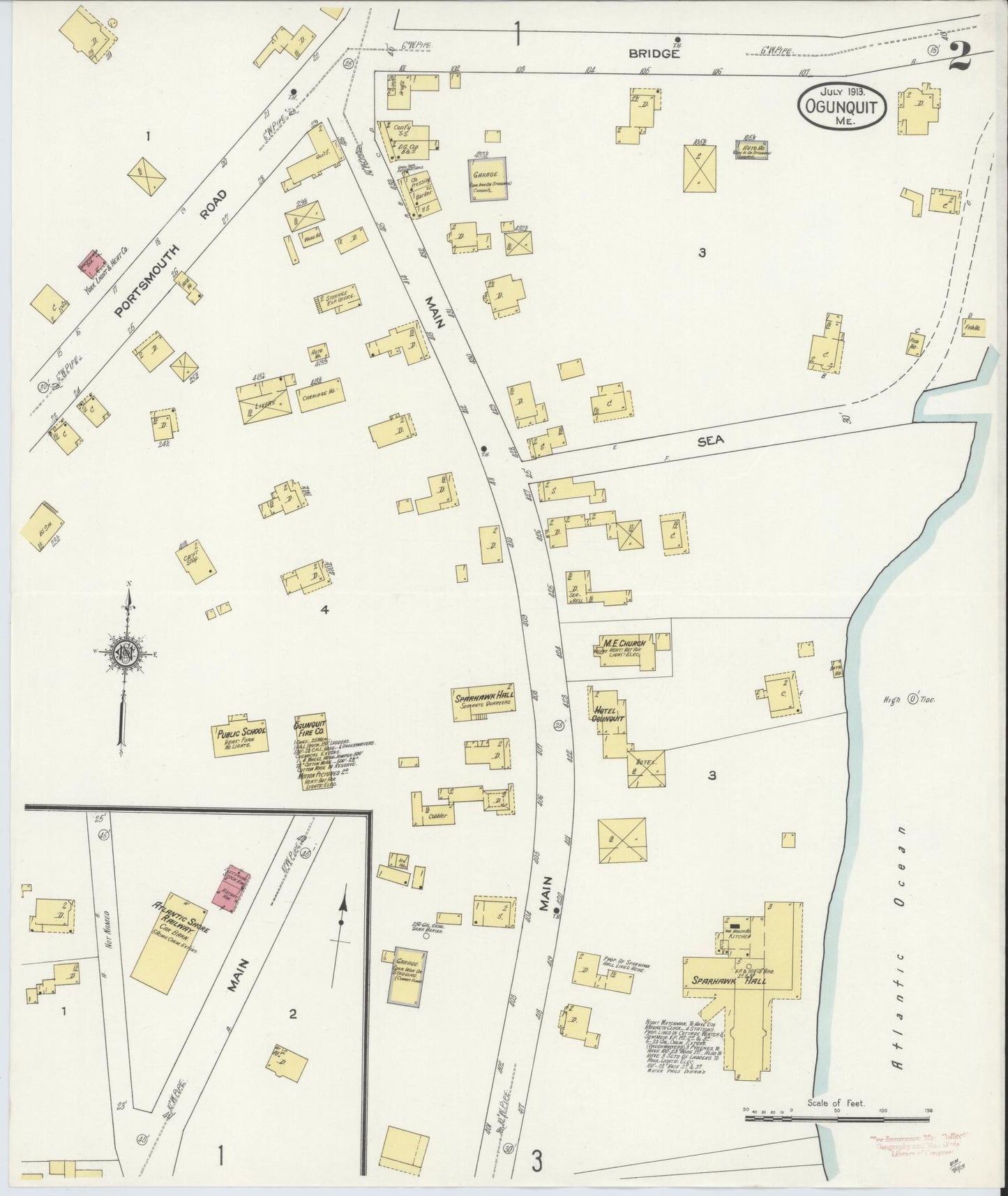 Sanborn Fire Insurance Map from Ogunquit, York County, Maine (1913), Sheet #0002 - Historic Sanborn Fire Insurance Map Print, vintage old map wall art, antique decor, genealogy gift, Maine Maine map